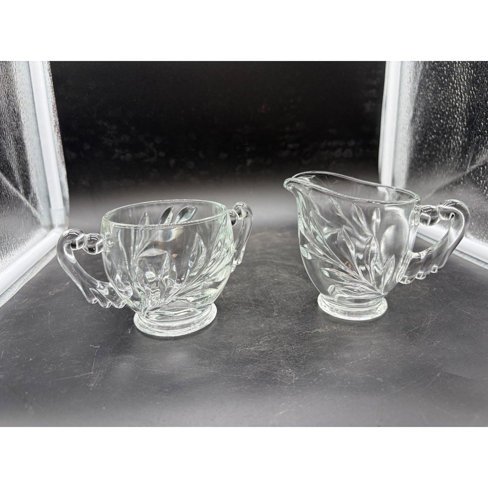 Vintage Clear Pressed Glass Creamer and Sugar Bowl Set Embossed Leaf Pattern